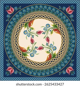 Scarf floral vector pattern from flowers, gold and blue frames on a dark blue background
