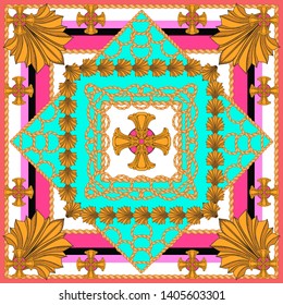 Scarf with gold elements and cords on a turquoise-pink background.