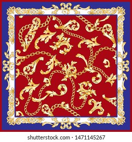 Scarf with golden baroque elements flourishes and chains. Square fashion print. Vintage pattern.