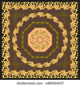 Scarf with golden vintage elements and golden chains. Golden pattern on a brown background.