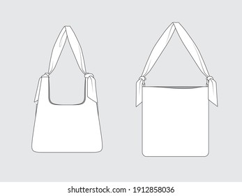 

scarf handle tote bag, front and back, drawing technical flat sketches of garments with vector illustration.