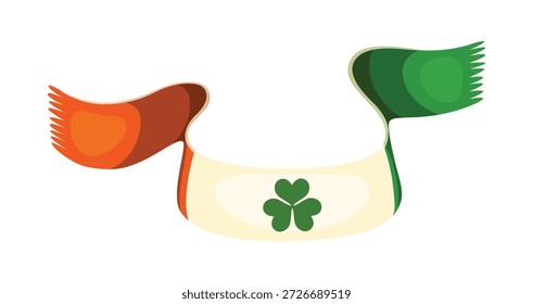 Scarf Happy St Patrick day symbol featuring shamrock clover and colors of Irish flag green, white and orange. Cartoon vector festive accessory represents national celebration spirit, cultural heritage