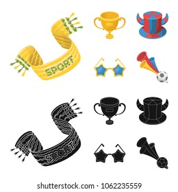 A scarf, a hat with horns and other attributes of the fans.Fans set collection icons in cartoon,black style vector symbol stock illustration web.