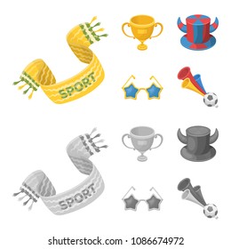 A scarf, a hat with horns and other attributes of the fans.Fans set collection icons in cartoon, monochrome style vector symbol stock illustration web.