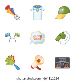 A scarf, a hat with horns and other attributes of the fans.Fans set collection icons in cartoon style vector symbol stock illustration web.