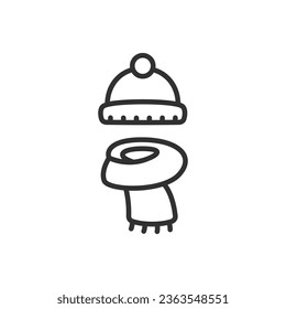 Scarf and hat, linear icon. Winter seasonal wear. Scarf for cold weather. Line with editable stroke