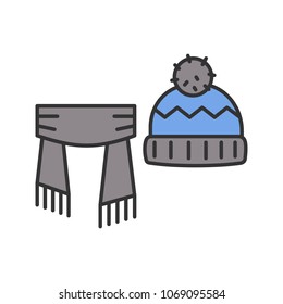 Scarf and hat with pompom color icon. Winter clothes. Isolated vector illustration