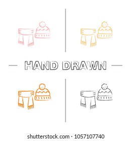 Scarf and hat with pompom hand drawn icons set. Winter clothes. Color brush stroke. Isolated vector sketchy illustrations