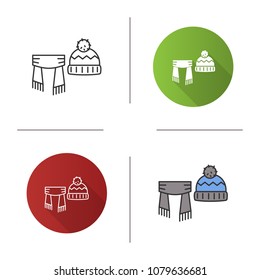 Scarf and hat with pompom icon. Winter clothes. Flat design, linear and color styles. Isolated vector illustrations