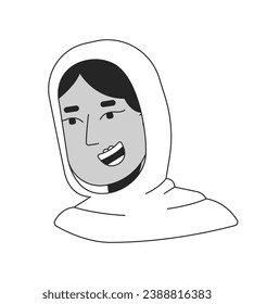Scarf hijab positive woman black and white 2D line cartoon character head. Young adult muslim lady smiling cheerfully isolated vector outline person face. Monochromatic flat spot illustration