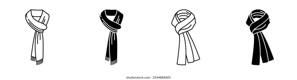 Scarf icon collection in black and white filled and solid vector style.