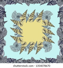 A scarf with the image of seashells and sea stars.
