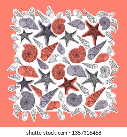 A scarf with the image of seashells and starfish on a white background with a border of the color of live coral.