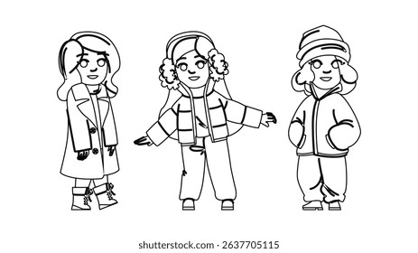 scarf kid girl winter fashion vector. hat mittens, leggings tights, dress skirt scarf kid girl winter fashion character. people black line pencil drawing illustration