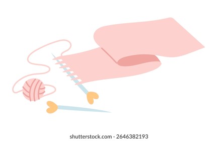 scarf is knitted using needles and cotton threads in a ball, hand-made. cozy atmosphere. flat, colored, isolated illustration. For postcards, packaging design, posts, prints, and romantic projects