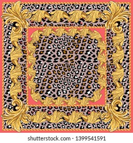 Scarf with a leopard pattern and gold details. Separate details on a coral background.