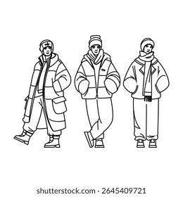 homem cachecol vetor moda inverno. botas suéter, beanie parka, cardigan flanela cachecol homem inverno moda personagem. pessoas linha preta lápis desenho ilustração