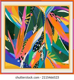 Scarf modern design with colorful artistic tropical flowers print. Abstract ethnic style. Fashionable vector template for your design.