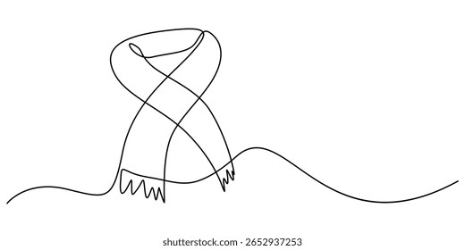 Vetor de desenho de uma linha do cachecol. conceito de vestir-se calorosamente, frio snap ou estação outono-inverno, único lenço de desenho de linha contínua, desenho contínuo de uma linha do cachecol de outono, elemento de arte de linha única. 
