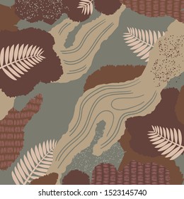 Scarf pattern with abstract motif and leaf on brown