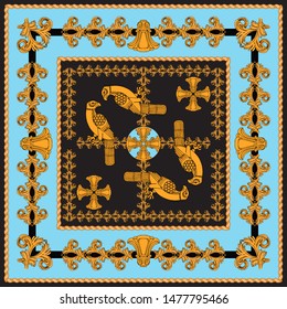 Scarf with a pattern of birds on a black and blue background. Vintage style drawing.