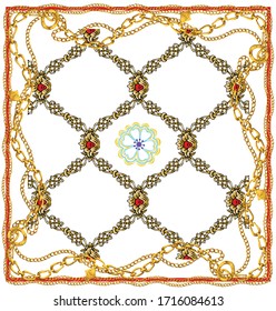 
scarf pattern consisting of gold chains and accessories on the red edge