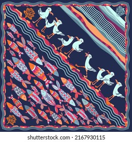 Scarf pattern design with cartoon fishes and birds. Vector illustration.