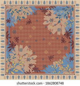 Scarf pattern design with floral motif style and ethnic ornament border. Hijab fashion
