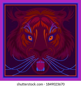 Scarf pattern design with magenta color tiger head. Background with wild animal. Can be used for logo, sign, icon card, Bandana print, kerchief design, napkin.