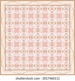  scarf pattern design on red. Geometric ornament with frame, border. Bandanna, shawl, scarf, tablecloth design for textile fabric print 