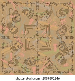 Scarf pattern design. Portraits of men and barber tools. Vector.