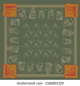Scarf pattern design. Portraits of men and barber tools. Vector.