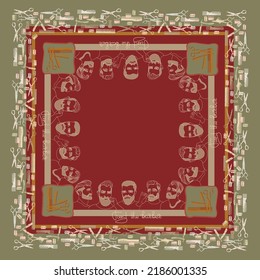 Scarf pattern design. Portraits of men and barber tools. Vector.
