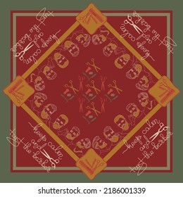 Scarf pattern design. Portraits of men and barber tools. Vector.