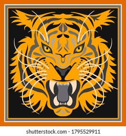 Scarf pattern design with tiger head. Background with african animal. Can be used for logo, sign, icon card, Bandana print, kerchief design, napkin.