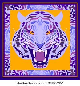 Scarf pattern design with tiger head. Background with african animal. Can be used for logo, sign, icon card, Bandana print, kerchief design, napkin.