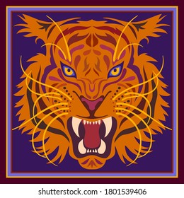 Scarf pattern design with tiger head. Background with african animal. Can be used for logo, sign, icon card, Bandana print, kerchief design, napkin.