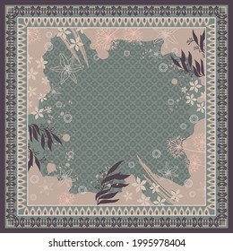 Scarf pattern with floral and ethnic border ornament. Hijab design motif