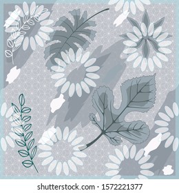 Scarf pattern with leaves and flowers. For printing on textiles, hijab, scarves.