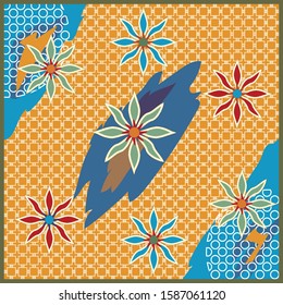 Scarf pattern with leaves and flowers. For printing on textiles, hijab, scarves.