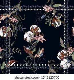 Scarf pattern seamless floral pattern with cotton. Wallpaper blooming realistic isolated flowers hand drawn vintage background. Vector illustration.