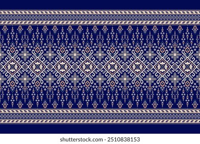 Patrón de bufanda, patrón de punto de cruz floral sobre fondo azul marino, Ilustración vectorial, bordado oriental étnico geométrico, estilo azteca, fondo abstracto. diseño para textura, tela, ropa, decoración