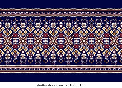 Scarf pattern,floral cross stitch pattern on navy blue background,vector illustration,geometric ethnic oriental embroidery,Aztec style,abstract background.design for texture,fabric,clothing,decoration