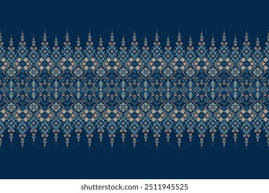 Scarf pattern,floral cross stitch pattern on navy blue background,vector illustration,geometric ethnic oriental embroidery,Aztec style,abstract background.design for texture,fabric,clothing,decoration