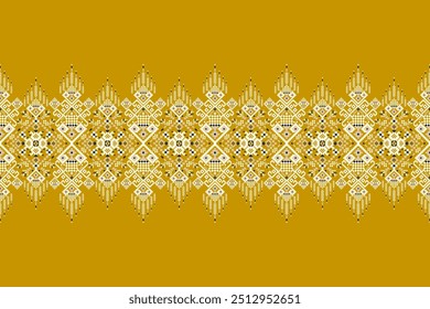 Scarf pattern,floral cross stitch pattern on yellow background,vector illustration,geometric ethnic oriental embroidery,Aztec style,abstract background.design for texture,fabric,clothing,decoration