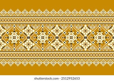 Scarf pattern,floral cross stitch pattern on yellow background,vector illustration,geometric ethnic oriental embroidery,Aztec style,abstract background.design for texture,fabric,clothing,decoration.