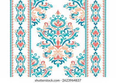 Scarf pattern,Ikat pattern,Ikat floral pattern,Ikat floral embroidery,vector illustration,hand drawn embroidery,abstract background,baroque style.design for texture,fabric,decoration,print,scarf,rug.