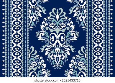Scarf pattern,Ikat floral pattern on navy blue background,vector illustration,Ikat ethnic oriental pattern,Ikat embroidery,Aztec style,hand drawn.design for texture,fabric,clothing,decoration,scarf.