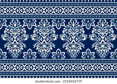Scarf pattern,Ikat floral pattern on navy blue background,vector illustration,Ikat ethnic oriental pattern,Ikat embroidery,Aztec style,hand drawn.design for texture,fabric,clothing,decoration,scarf.