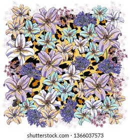 A scarf with a picture of flowers on the background of the skin of a leopard. Blue, lilac, purple and yellow flowers on a black and yellow background.